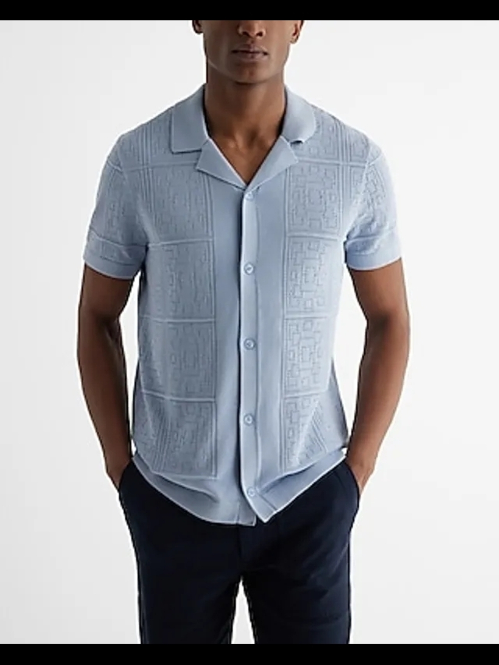 Express Patchwork Pointelle Cotton-Blend Sweater Polo 00023